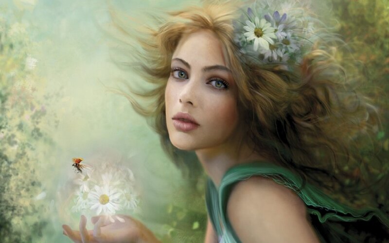 Woman with Flowers in Hair — Green, Serene, Spring
