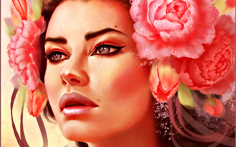 Woman with Flowers in Hair — Pink, Dramatic, Digital Art