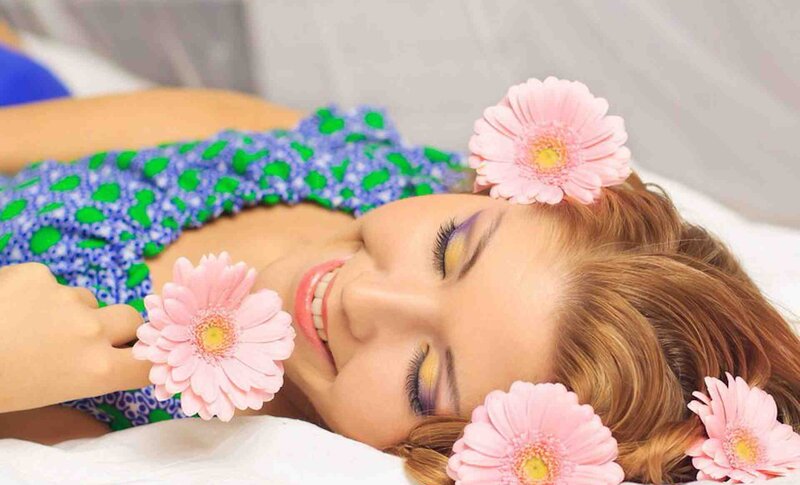 Woman with Flowers in Hair — Pink, Relaxed