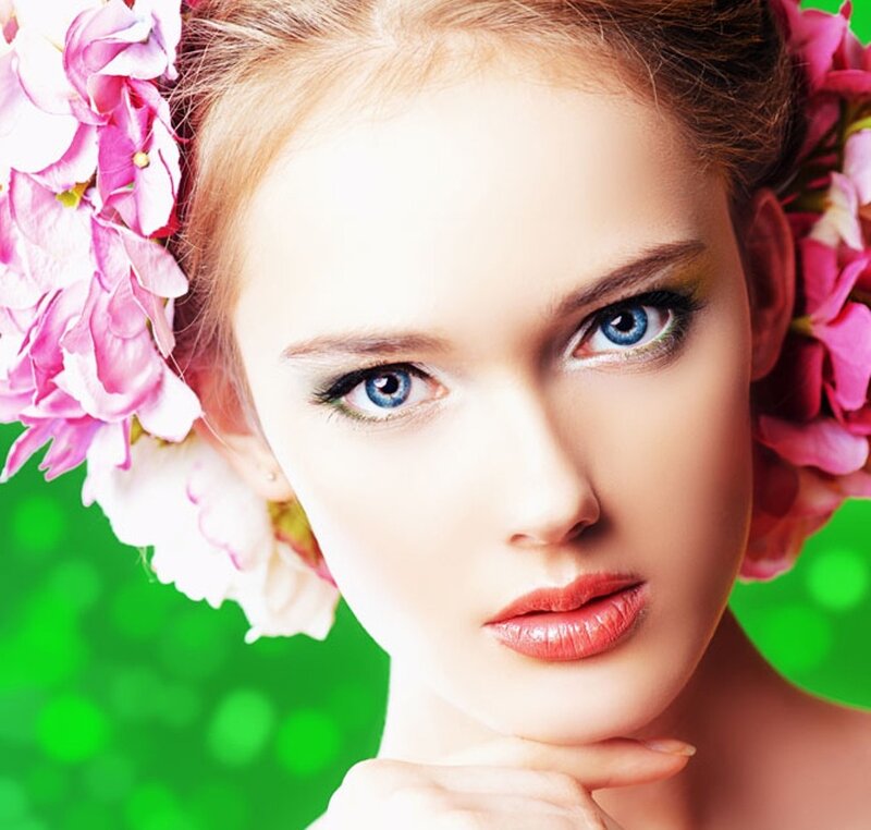 Woman with Flowers in Hair — Pink, Serene, Photograph, Blue Eyes