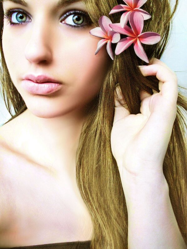 Woman with Flowers in Hair — Pink, Serene, Photograph, Hand, Brown