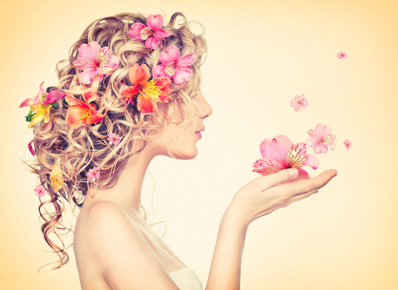 Woman with Flowers in Hair — Pink, Serene, Photograph, Hand
