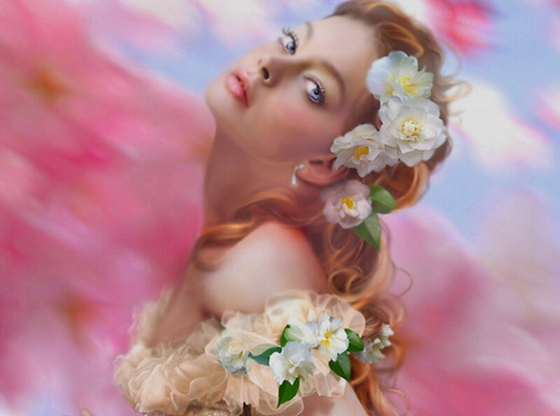 Woman with Flowers in Hair — Pink