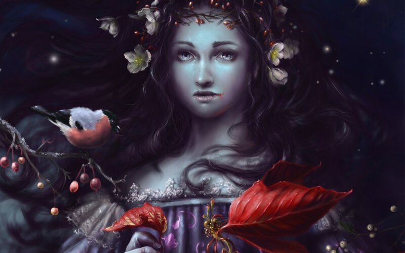 Woman with Flowers in Hair — Purple, Dramatic, Night