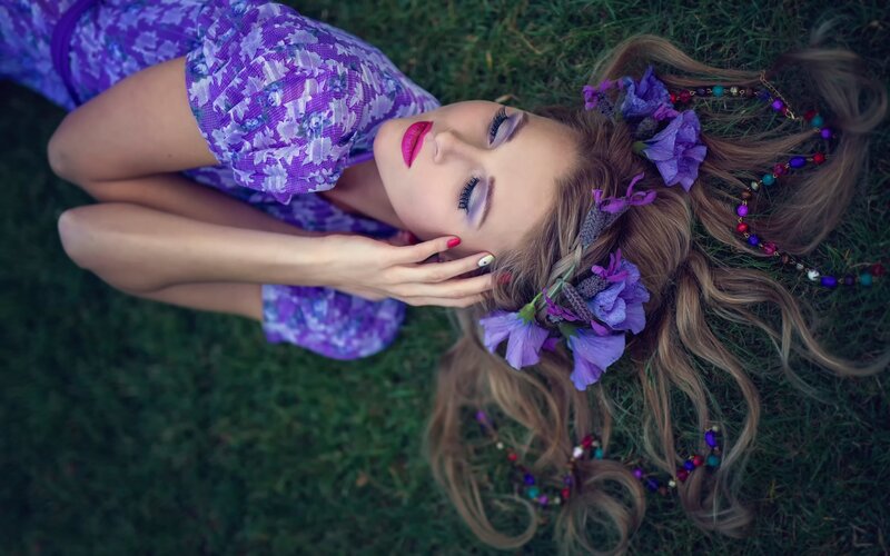 Woman with Flowers in Hair — Purple, Serene, Afternoon, Photograph, Beads