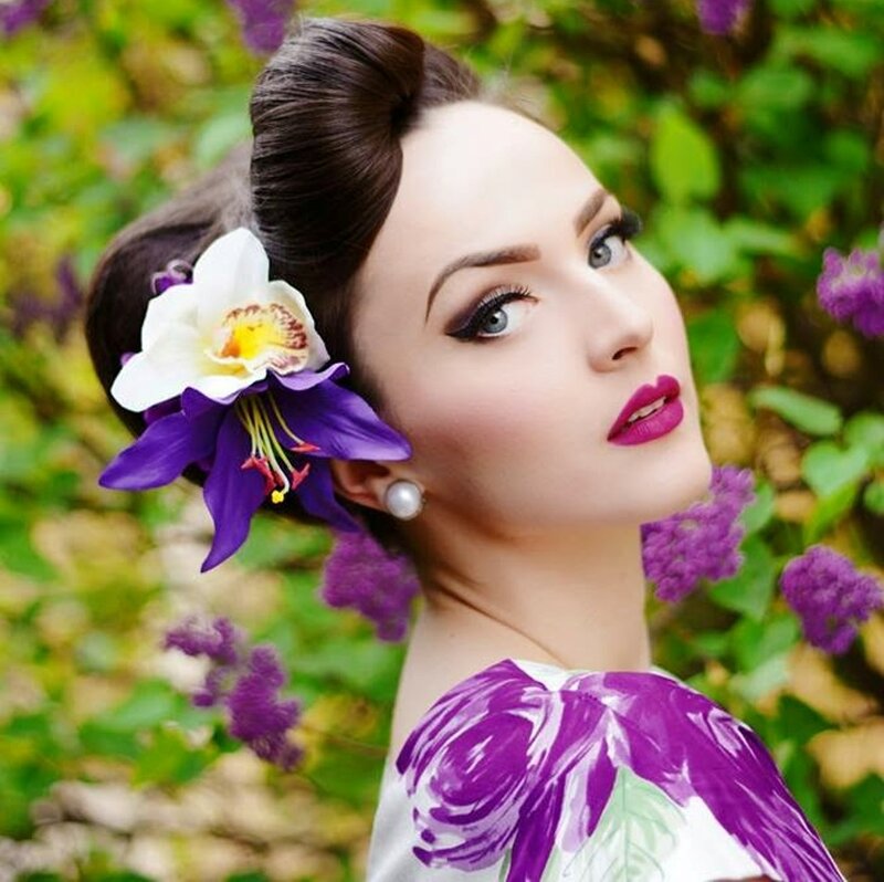 Woman with Flowers in Hair — Purple, Serene, Spring