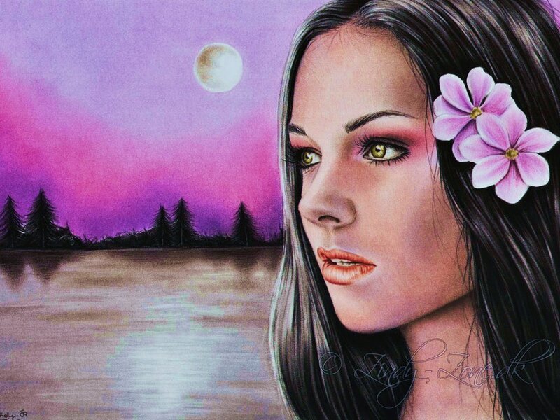 Woman with Flowers in Hair — Purple, Serene