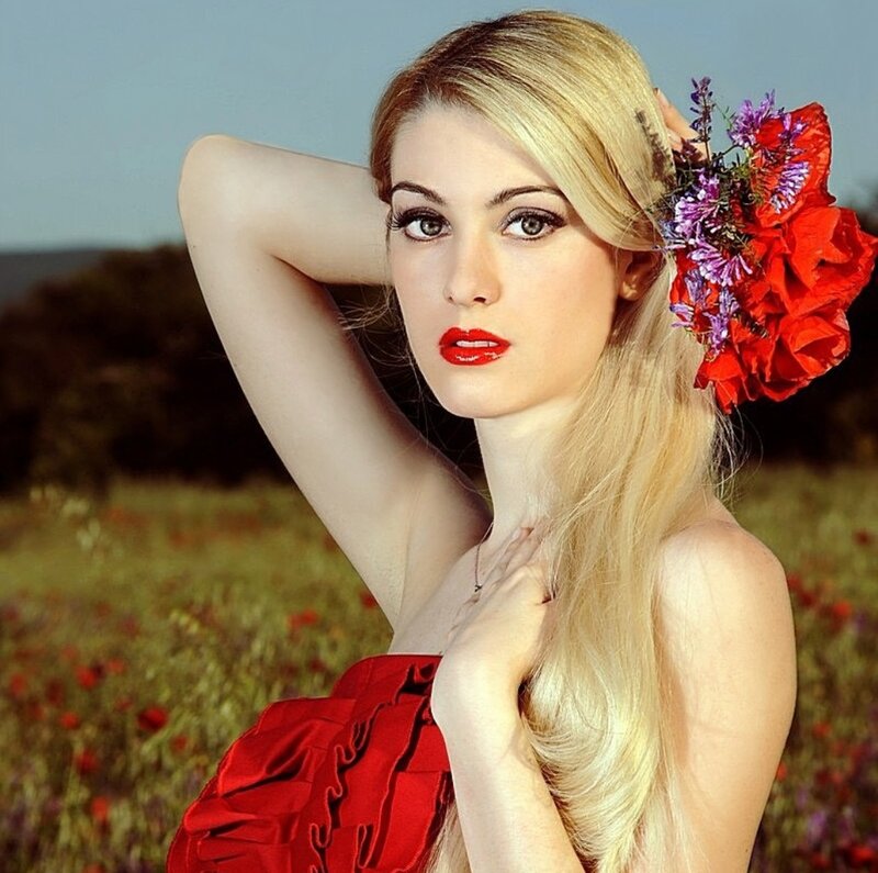Woman with Flowers in Hair — Red, Dramatic, Afternoon