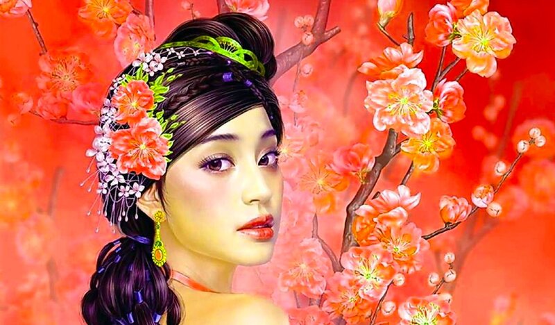 Woman with Flowers in Hair — Red, Serene, Spring