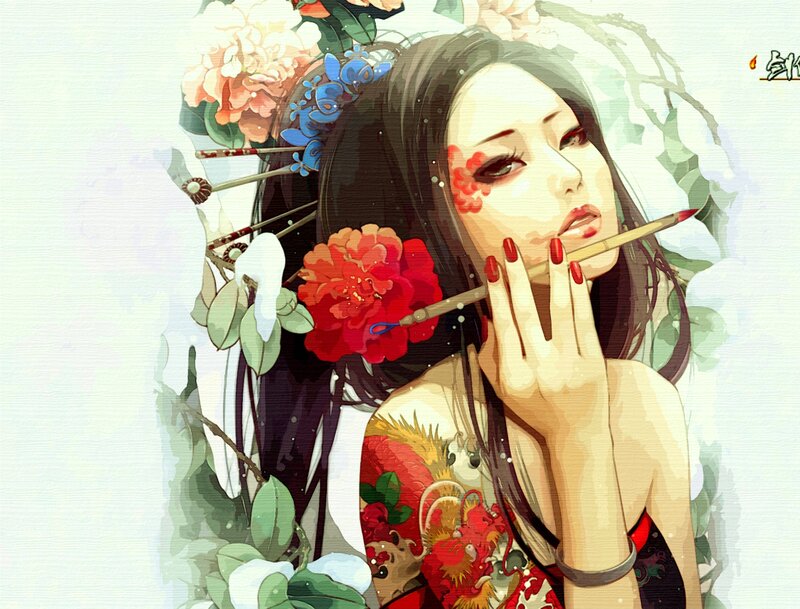 Woman with Flowers in Hair — Red, Serene