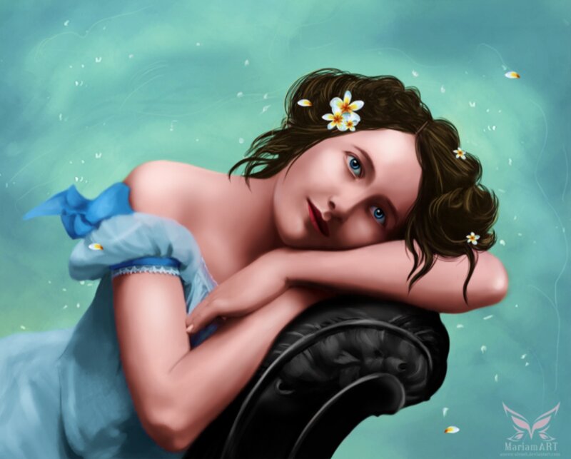 Woman with Flowers in Hair — Teal, Serene
