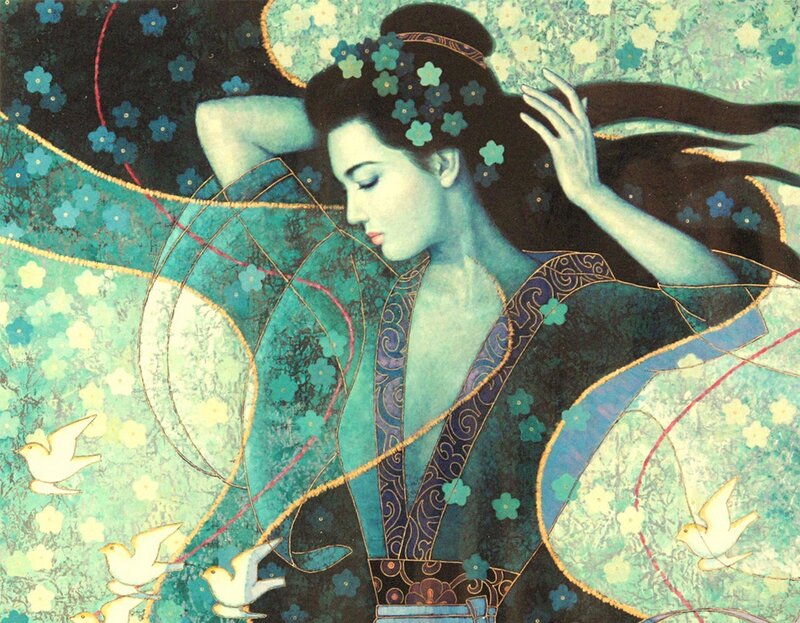 Woman with Flowers in Hair — Teal