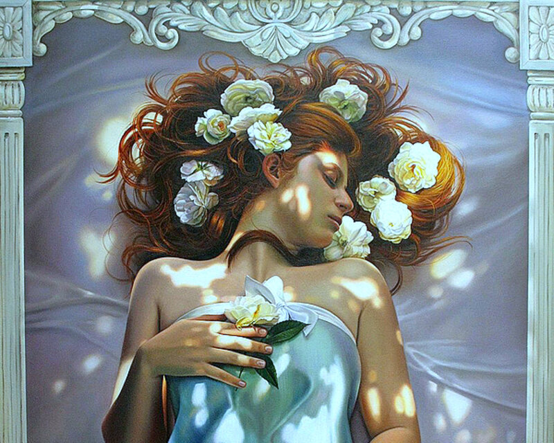 Woman with Flowers in Hair — White, Serene, Afternoon, Painting, White Dress