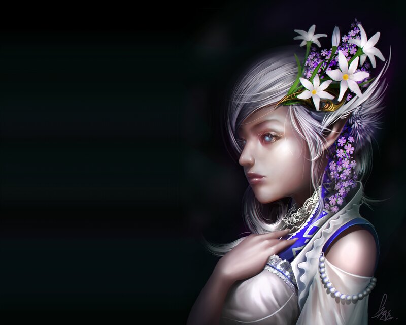 Woman with Flowers in Hair — White, Serene, Digital Art