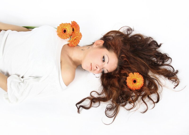 Woman with Flowers in Hair — White, Serene, Photograph, White Shirt