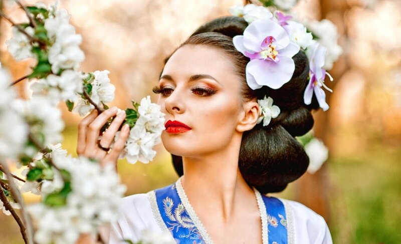 Woman with Flowers in Hair — White, Serene, Spring, Photograph, Traditional Dress