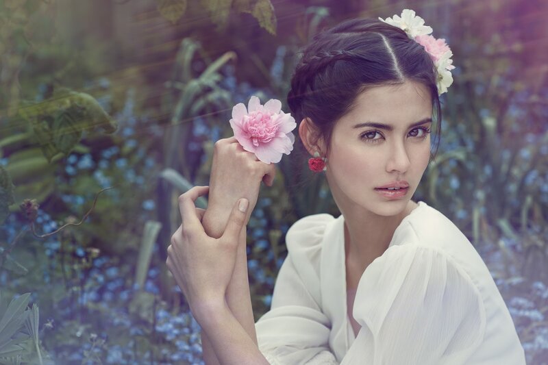 Woman with Flowers in Hair — White, Serene, Spring