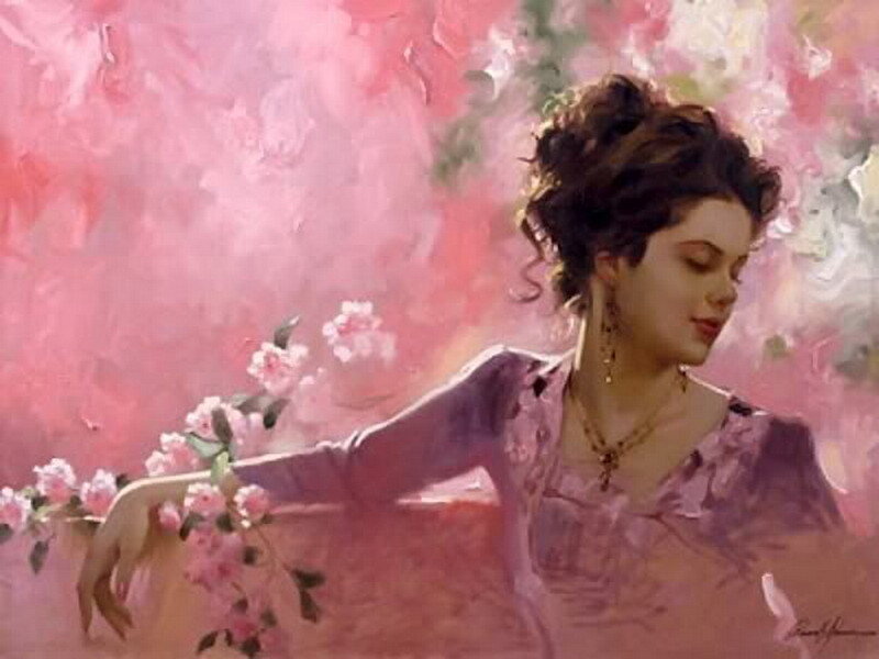 woman with flowers in pink