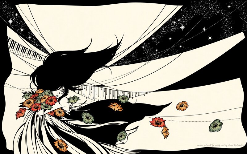 woman with flowers in starry sky