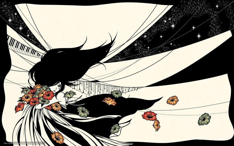 woman with flowers in starry sky