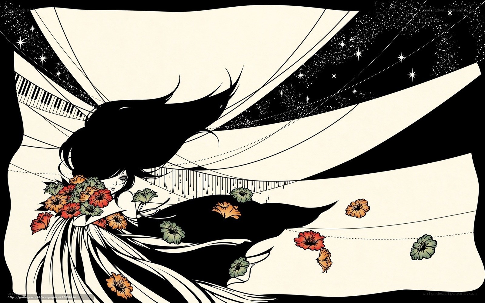 woman with flowers in starry sky