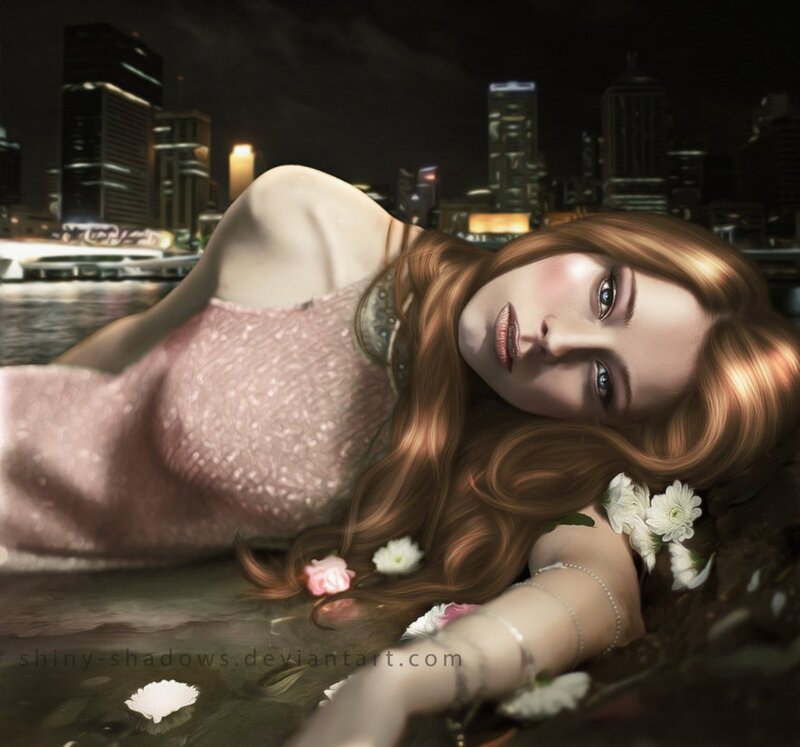 Woman with Flowers in Water — Pink, Dramatic