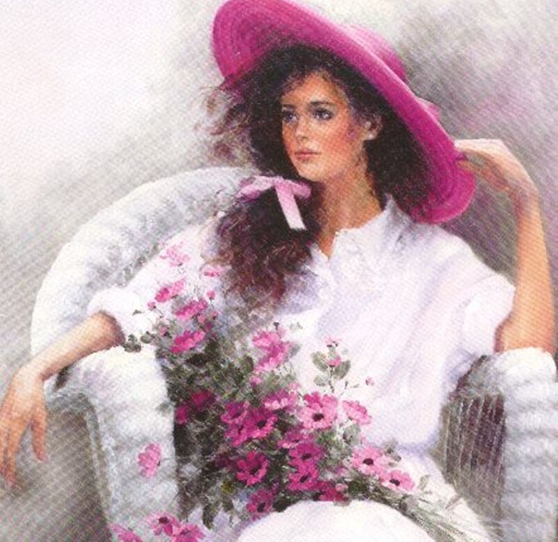 Woman with Flowers — Pink, Calm, Painting