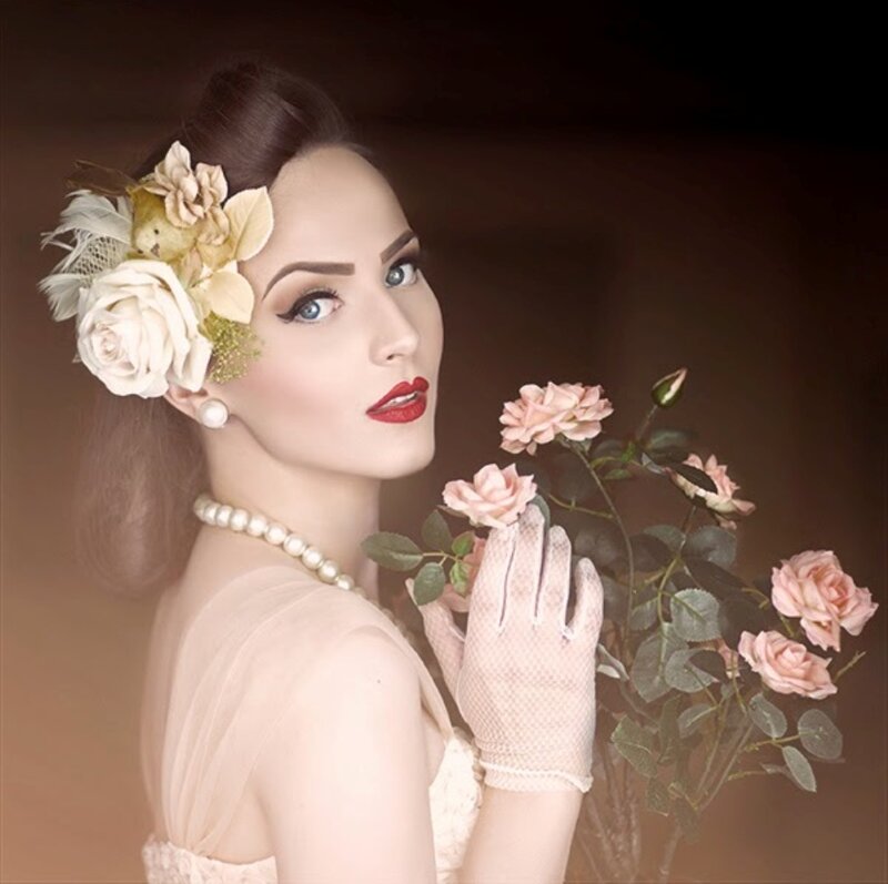 Woman with Flowers — Pink, Dramatic, Photograph, Gloves