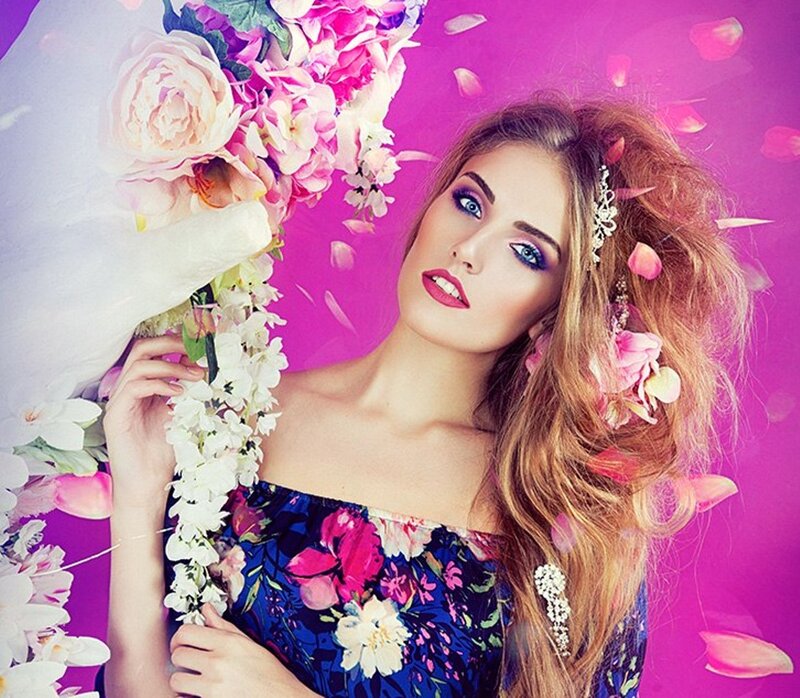 Woman with Flowers — Pink, Dreamy, Photograph, Makeup
