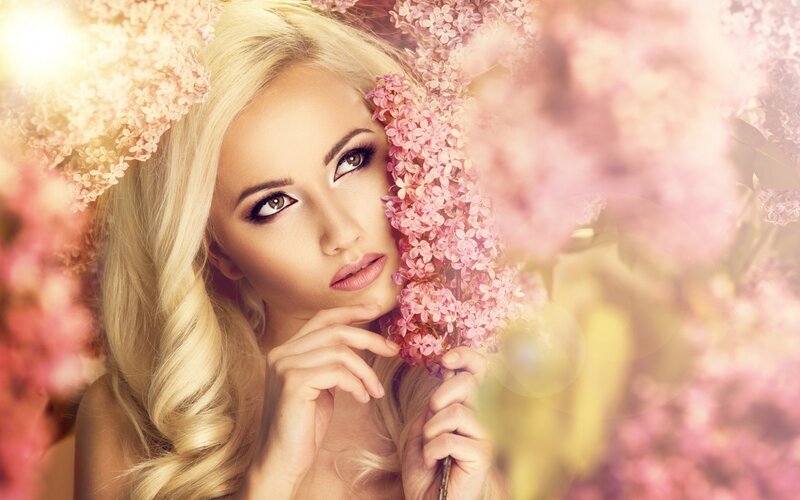 Woman with Flowers — Pink, Dreamy, Spring, Photograph