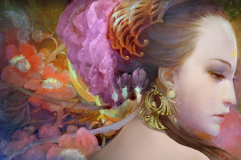 Woman with Flowers — Pink, Serene, Digital Art, Earrings