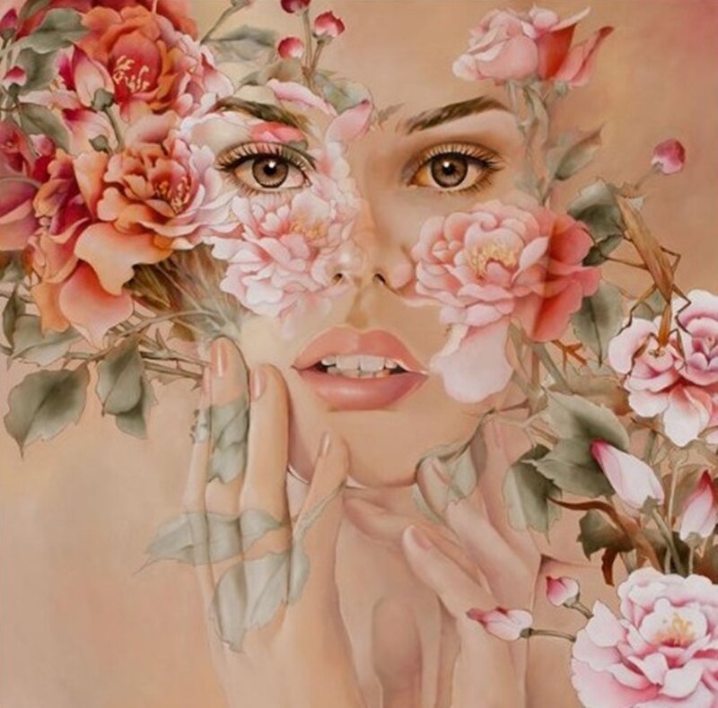 Woman with Flowers — Pink, Serene, Painting, Hands