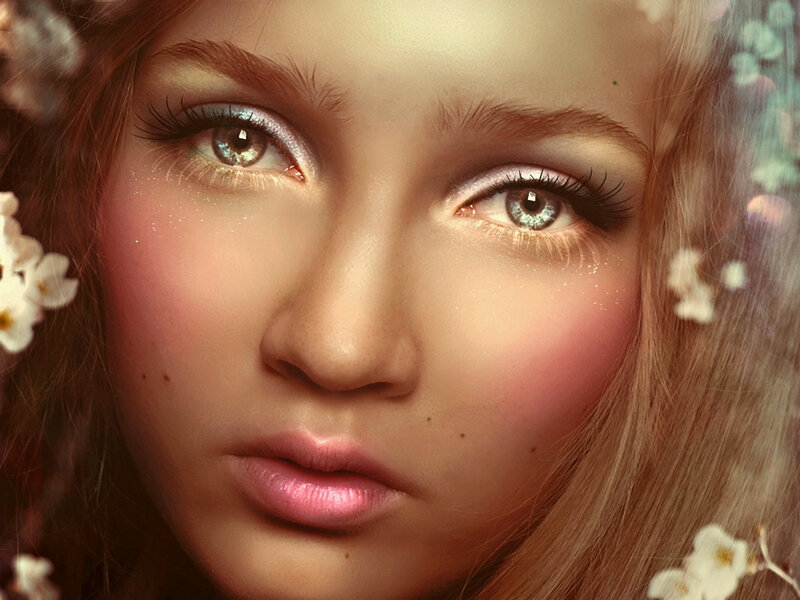Woman with Flowers — Pink, Serene, Photograph, Eyes