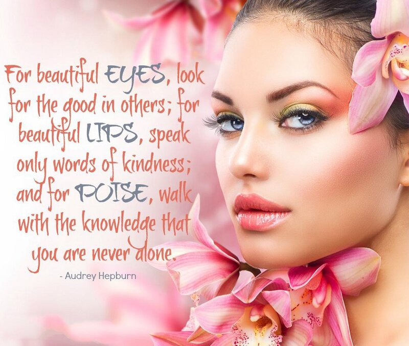 Woman with Flowers — Pink, Serene, Photograph, Makeup, Text