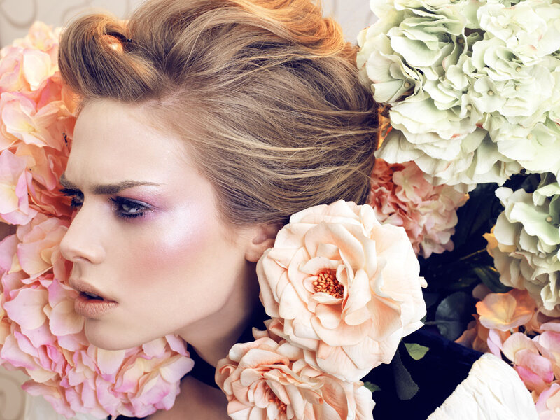 Woman with Flowers — Pink, Serene, Photograph, Makeup