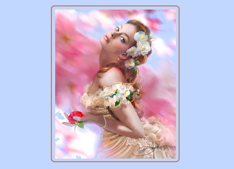 Woman with Flowers — Pink, Serene, Spring, Digital Art, Dress