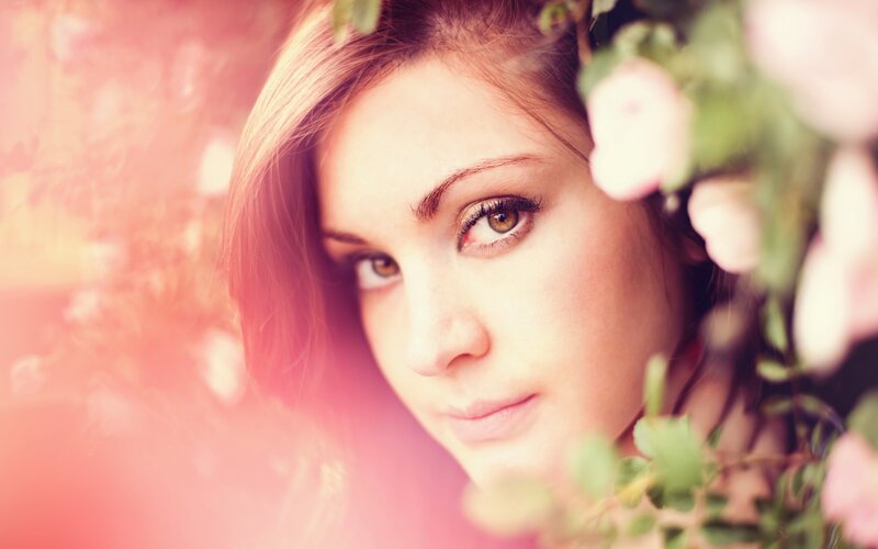 Woman with Flowers — Pink, Serene, Spring, Photograph, Greenery, Green