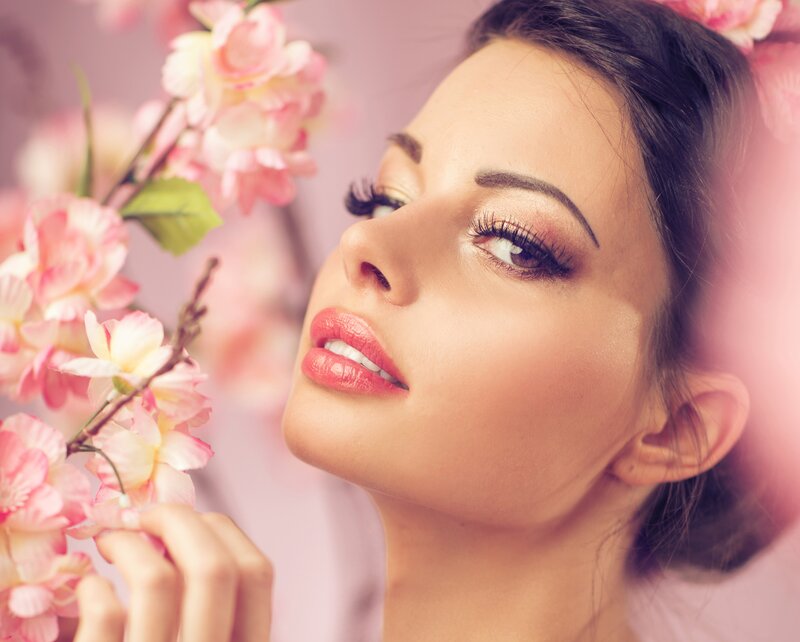 Woman with Flowers — Pink, Serene, Spring, Photograph, Makeup