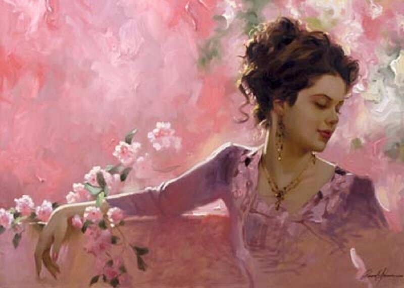 Woman with Flowers — Pink, Serene, Spring