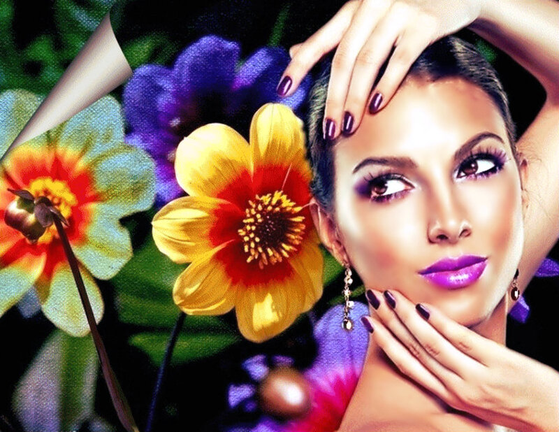 Woman with Flowers — Purple, Dramatic, Digital Art