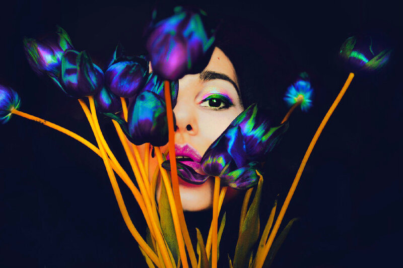 Woman with Flowers — Purple, Dramatic, Night