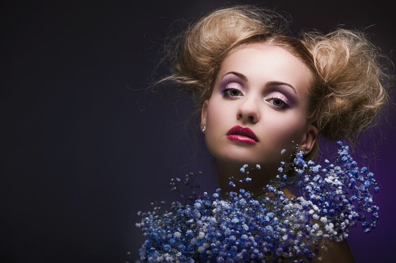 Woman with Flowers — Purple, Dramatic, Photograph, Makeup