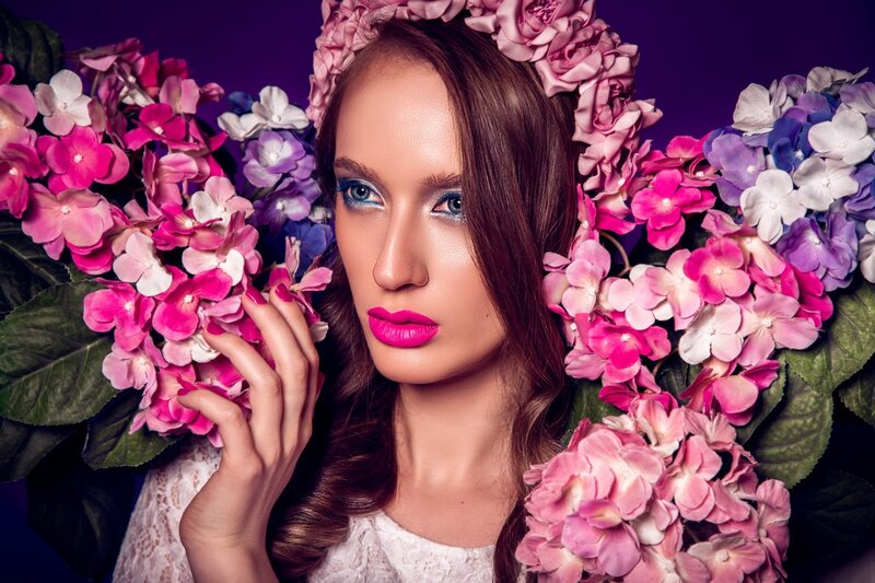 Woman with Flowers — Purple, Dramatic, Photograph