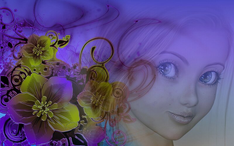 Woman with Flowers — Purple, Dreamy, Digital Art