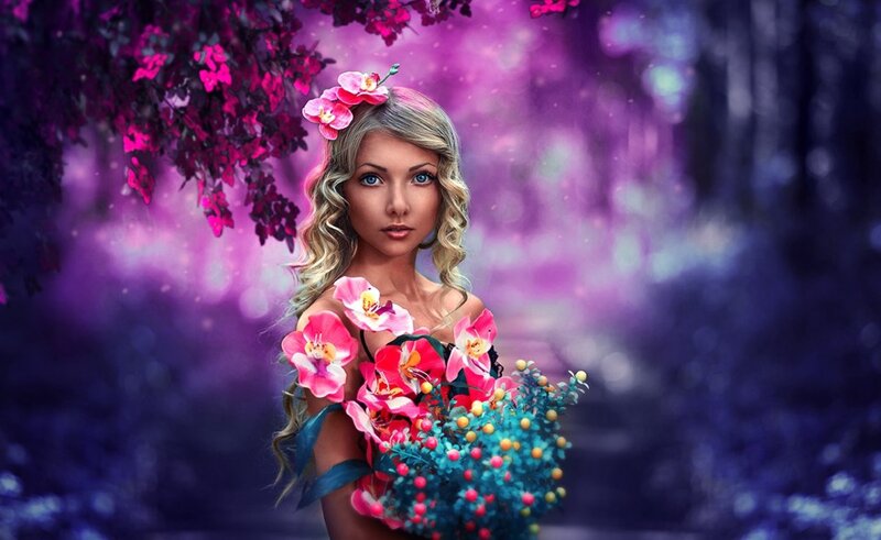 Woman with Flowers — Purple, Dreamy, Night, Digital Art, Forest