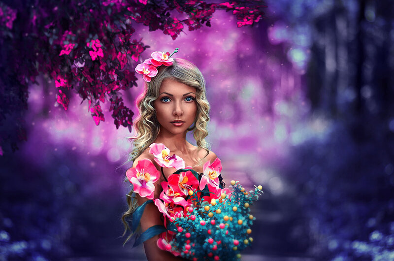 Woman with Flowers — Purple, Dreamy, Night, Digital Art