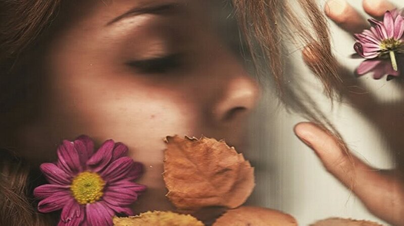 Woman with Flowers — Purple, Serene, Autumn