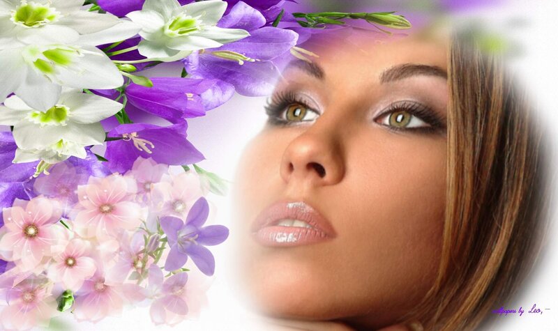 Woman with Flowers — Purple, Serene, Digital Art