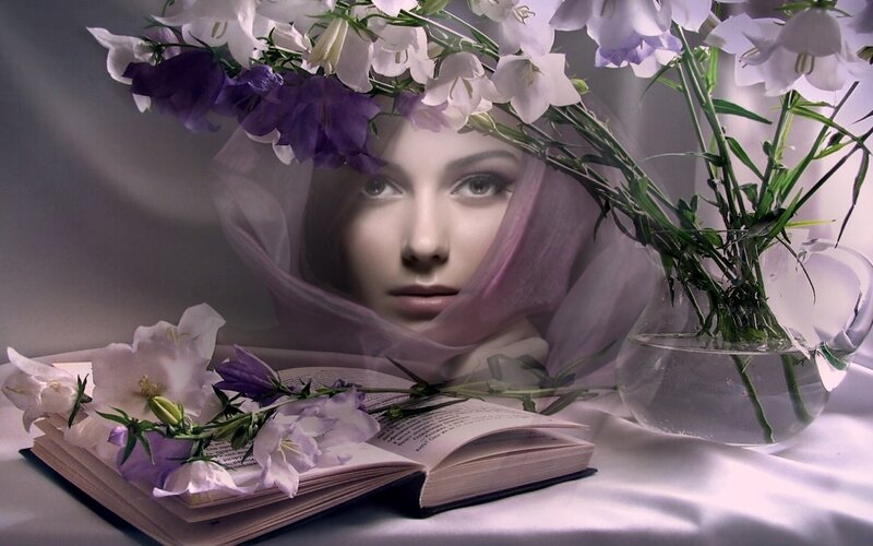 Woman with Flowers — Purple, Serene, Photograph