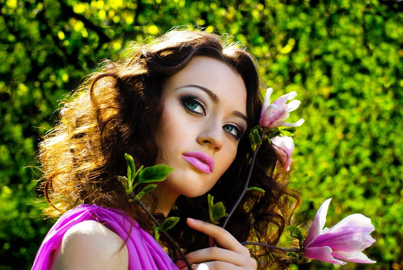 Woman with Flowers — Purple, Serene, Spring, Photograph, Greenery
